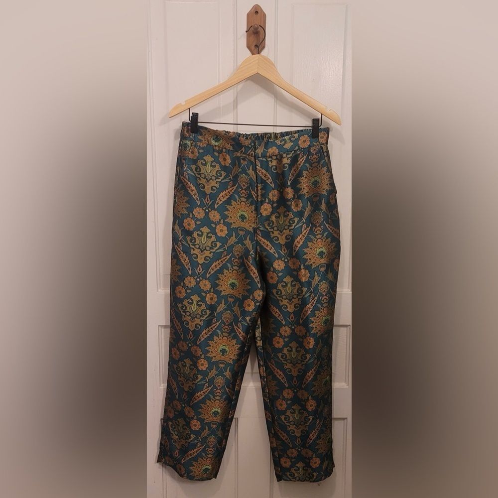 Anthropologie Maeve Melyssa Jacquard Trousers Blue Gold Size Medium